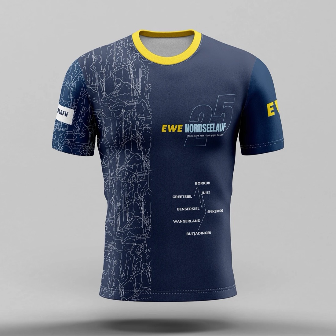 Das Funktions-Shirt 2027: Navy mit gelbem Kragen, Jubiläumslogo und Läufer-Muster
